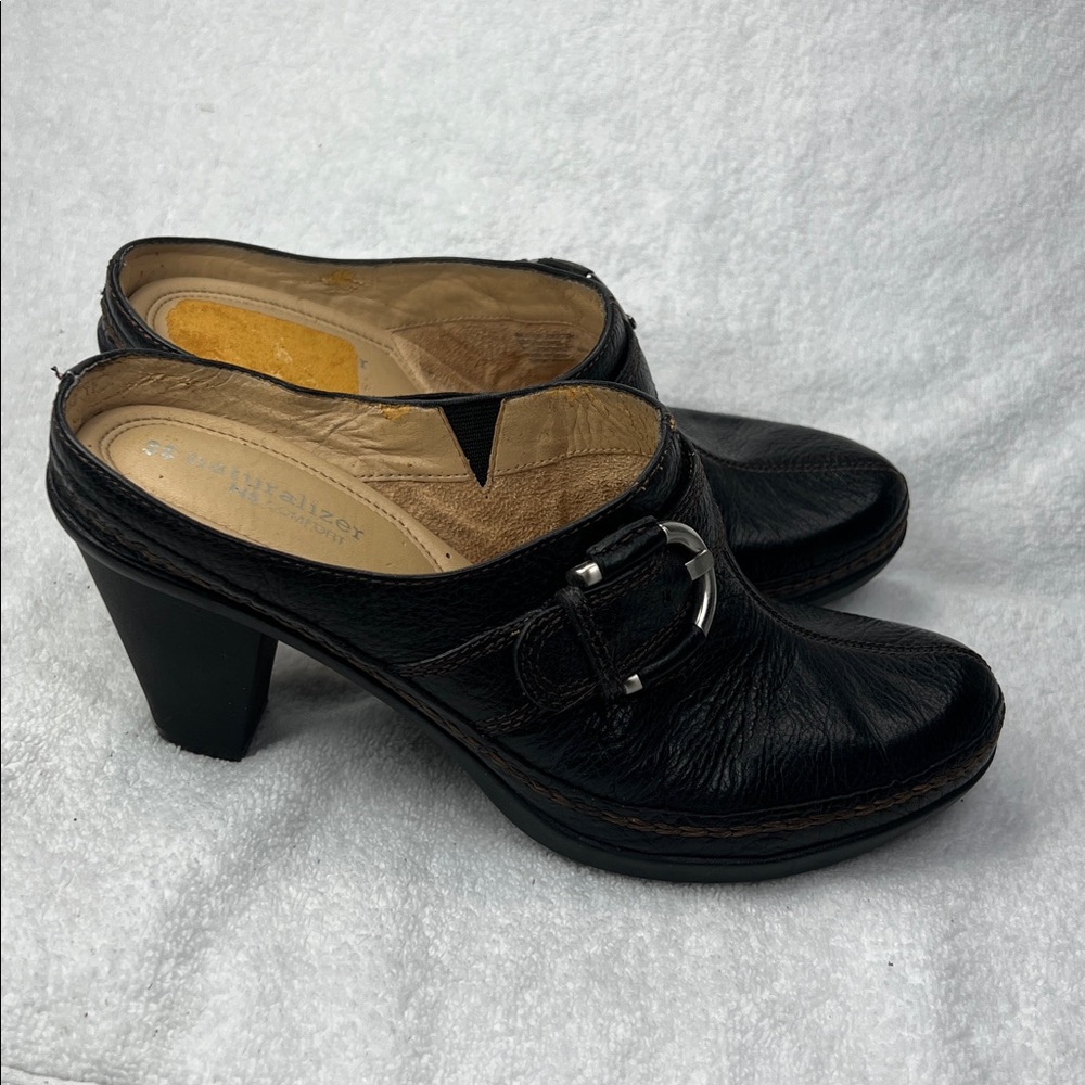 Naturalizer Black Leather Slip-On Mules with Silver Buckle - Picture 2 of 10